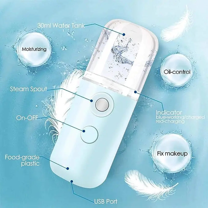 Nano Facial Steamer, Handy Mini Mister, USB Rechargeable Mist Sprayer, 30Ml Visual Water Tank Moisturizing&Hydrating for Face, Daily Makeup, Skin Care, Eyelash Extensions Comfort