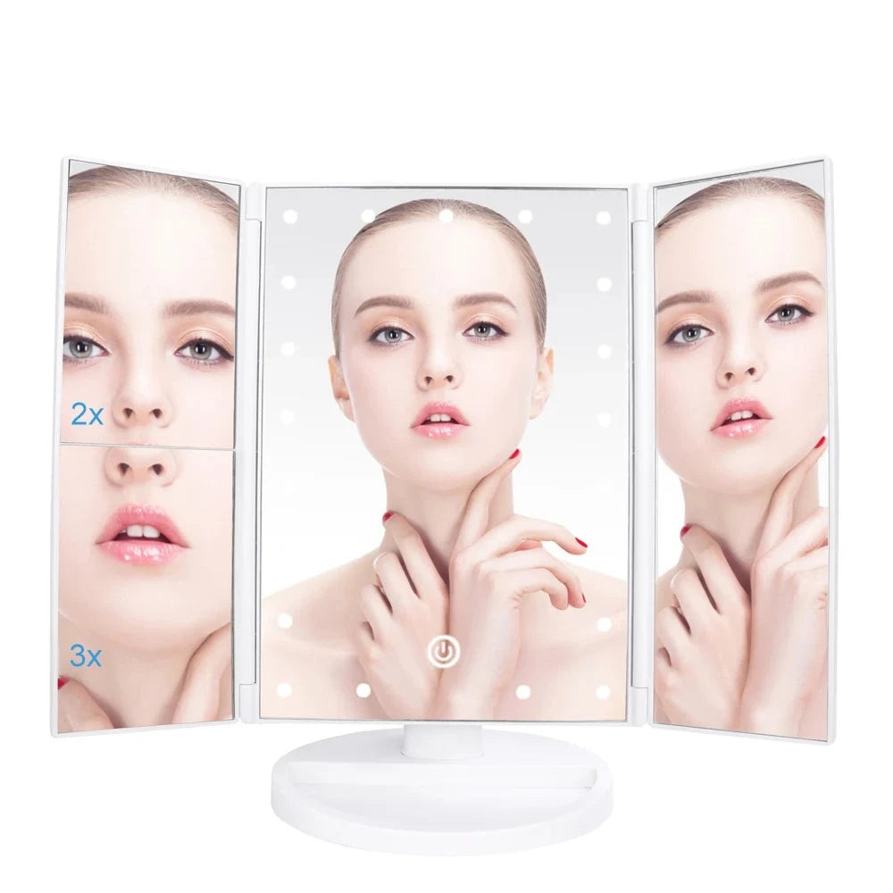 21 LED Light Makeup Mirror with Storage Desktop Foldable Rotating Beauty Cosmetic Mirror Light Touch Screen USB Vanity Mirror