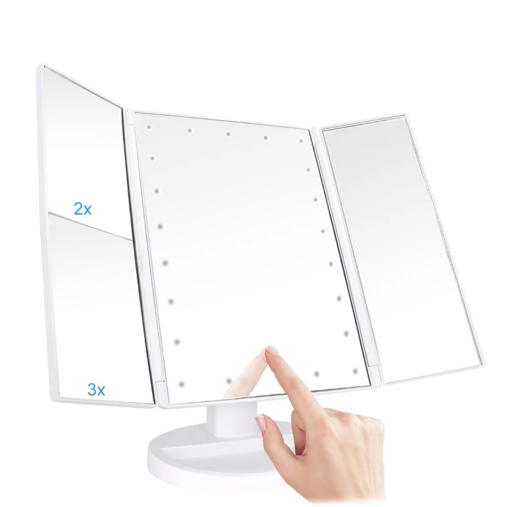 21 LED Light Makeup Mirror with Storage Desktop Foldable Rotating Beauty Cosmetic Mirror Light Touch Screen USB Vanity Mirror