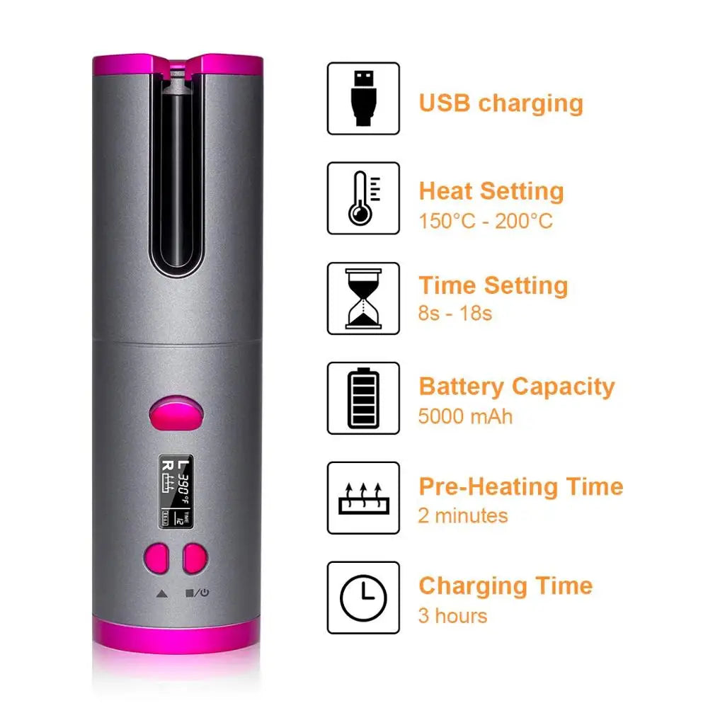 Cordless Automatic Hair Curler Portable Wireless USB Rechargeable Auto Rotating Ceramic Wand Curling Iron Hair Styling Tools